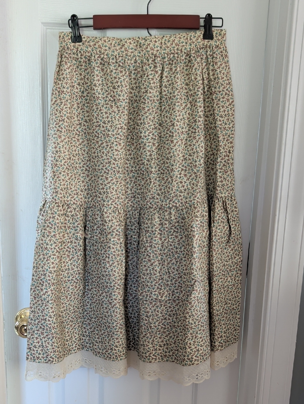 Tiered Vintage Midi Skirt in Cream with Green & Brown Floral Print